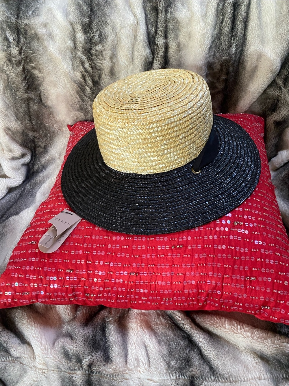 Wyeth Stunning Natural Straw Black Adjustable Ribbon Hat NWT